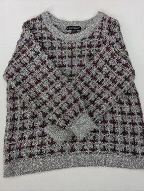 Cozy Chic Metallic Grid Knit Sweater Cute Gray & Purple Festive Shine Holiday
